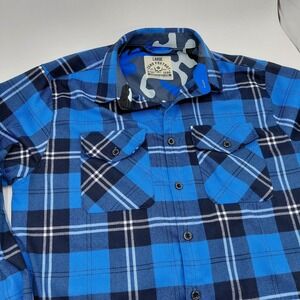 ZERO FOXTROT Mens L Blue Plaid Flannel Shirt Camo Stay Zero Bikercore Skull